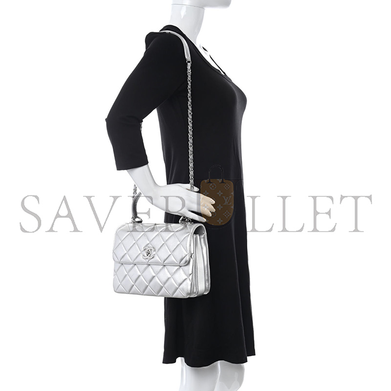 CHANEL METALLIC LAMBSKIN QUILTED SMALL TRENDY CC FLAP DUAL HANDLE BAG SILVER  (25*17*9cm)